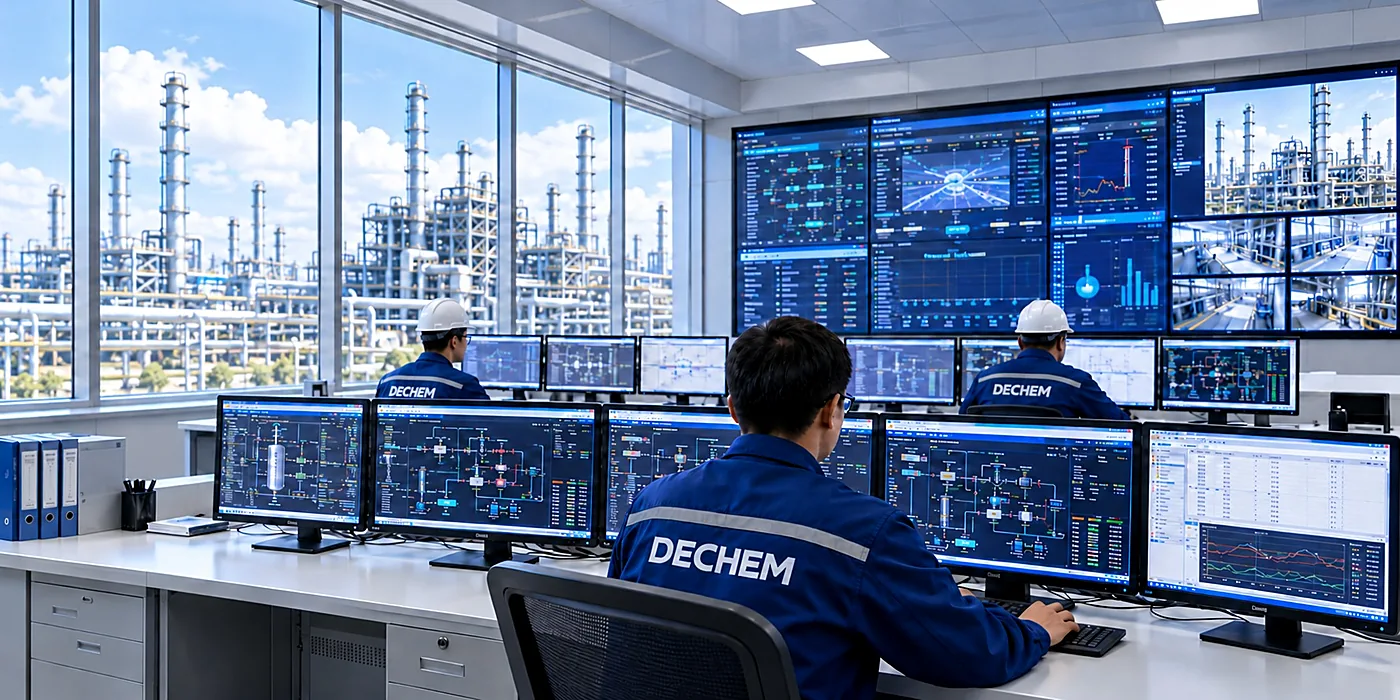 DECHEM DCS control room: operators monitoring process parameters on the distributed control system with the plant visible through the window