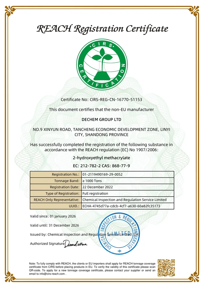 REACH Registration Certificate - HEMA (CAS 868-77-9)