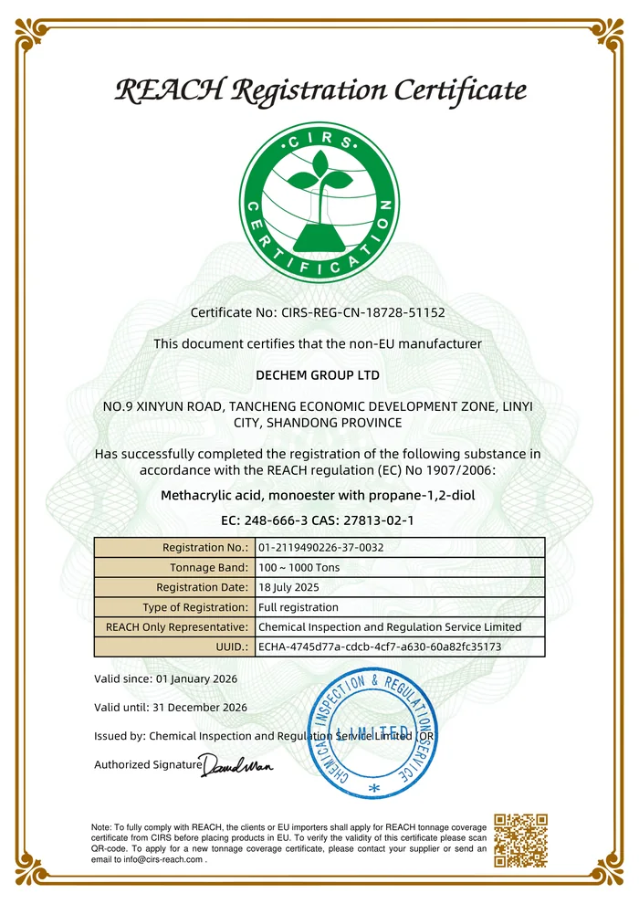 REACH Registration Certificate - HPMA (CAS 27813-02-1)