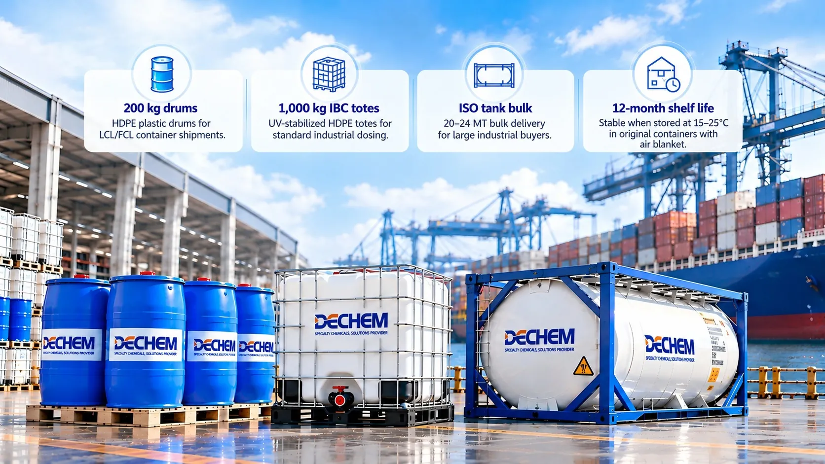 DECHEM export packaging staged at port: 200 kg HDPE drums, 1,000 kg IBC totes and ISO tank bulk container